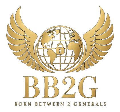 Born Between 2 Generals: gold winged globe and lock, BB2G