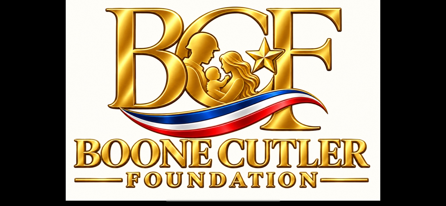 Boone Cutler Foundation: gold BCF family emblem with American flag ribbon